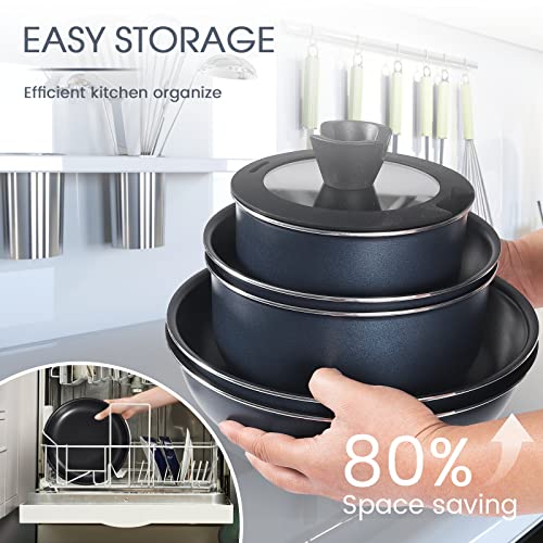Motase 12pcs Pots and Pans Set, Nonstick Cookware Sets Detachable Handle, Induction Kitchen Cookware Set Non Stick with Removable Handle, RV Cookware Set, Oven Safe, Blue - Image 5