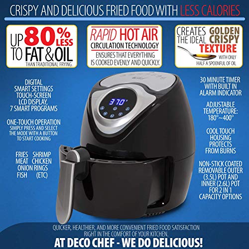 Deco Chef 3.7 QT Personal Digital Air Fryer, 7 One-Touch Cooking Programs, Time and Temperature Controls, Dual Non-Stick Baskets, 1300W, Black - Image 6