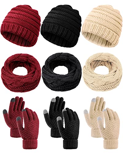 9 Pcs Winter Warm Knitted Set Knitted Scarf Beanie Hat and Touch Screen Gloves Set Circle Loop Scarf for Men and Women