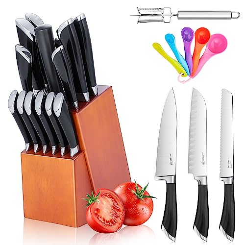 Kitchen Knife Set with Block, HaWare 17 Pieces Stainless Steel Professional Chef Knife Set Include Santoku Bread Carving Utility Paring Chef's Steak Knife and Shears Sharpener Peeler Measuring Spoon