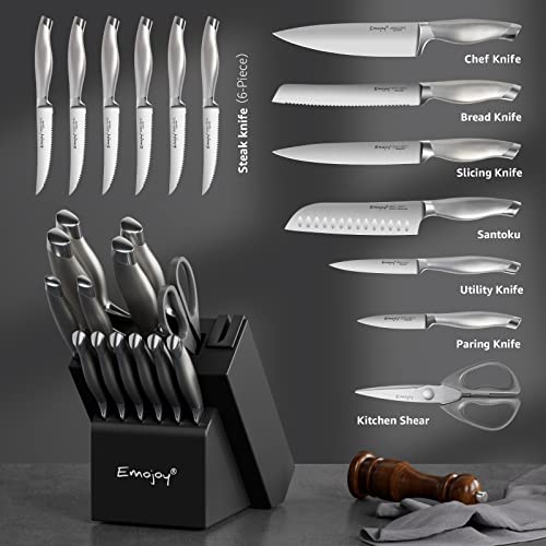 Emojoy Knife Set with Block, 15 Pieces Kitchen Knife Set with Built-in Sharpener, German Stainless Steel Sharp Chef Knife Set with Hollow Handle, Dishwasher Safe and Rust Proof - Image 3