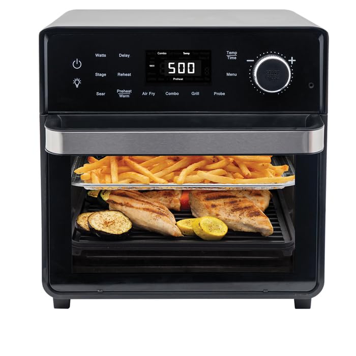 Nuwave Pro-Smart Air Fryer Oven Combo, POWERPORT™ Plug-In Grill, 550°F Auto Preheat, 100 in 1 Advanced Convection Toaster Oven Countertop w/ Insulated 2-Glass Door, Digital Probe, Stainless Steel