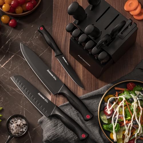 Astercook 15 Piece Knife Set with Sharpener Block - German Stainless Steel, Dishwasher Safe Kitchen Knives with Built-In Sharpener, Black - Image 7