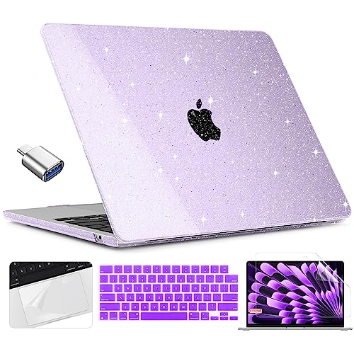 TWOLSKOO Compatible with MacBook Air 15 Inch Case 2023 Release A2941 M2 Chip Liquid Retina Display & Touch ID, Protective Plastic Hard Shell Case Cover with Type C Adapter, Star Purple
