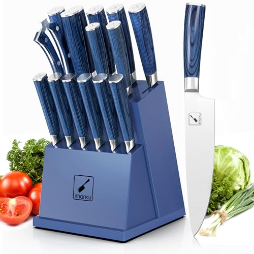imarku Knife Set with Block, 16-Piece German Stainless Steel Knife Sets for Kitchen with Sharpener & 6 Steak Knife Set, Ultra Sharp Cutlery Gift Sets, Blue
