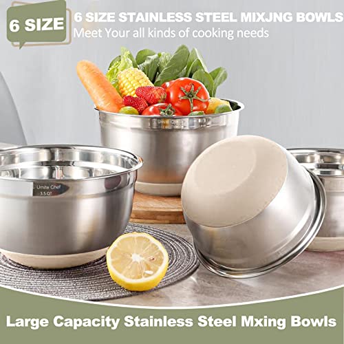 Umite Chef Mixing Bowls with Airtight Lids, 6 piece Stainless Steel Metal Nesting Storage Bowls, Non-Slip Bottoms Size 7, 3.5, 2.5, 2.0,1.5, 1QT, Great for Mixing & Serving (Khaki) - Image 5
