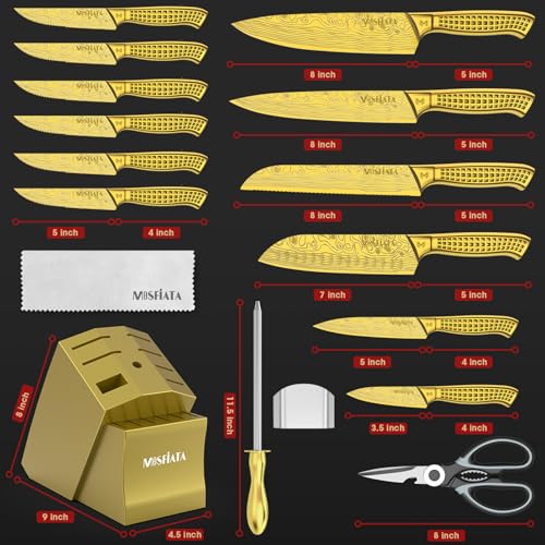 MOSFiATA Kitchen Knife Set, 17 Pcs Japanese Stainless Steel Knife Sets for Kitchen with Block with Knife Sharpening Rod, Dishwasher Safe, Gift Set,Titanium Plated Knife Block Set (Golden) - Image 3