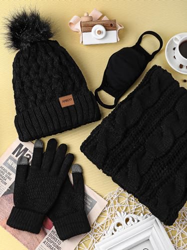 Aneco Winter Warm Knit Set Infinity Scarf Pompom Beanie Hat Touchscreen Gloves Face Cover for Men and Women - Image 6