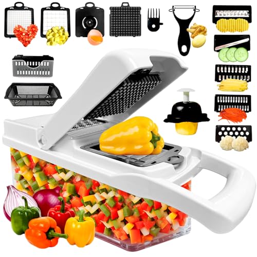 Inple Vegetable Chopper with Container, 16 in 1 Multifunctional Veggie Chopper, Pro Food Chopper, Chopper Vegetable Cutter, Onion Chopper, Salad Chopper, Kitchen Vegetable Slicer Dicer Cutter(White)