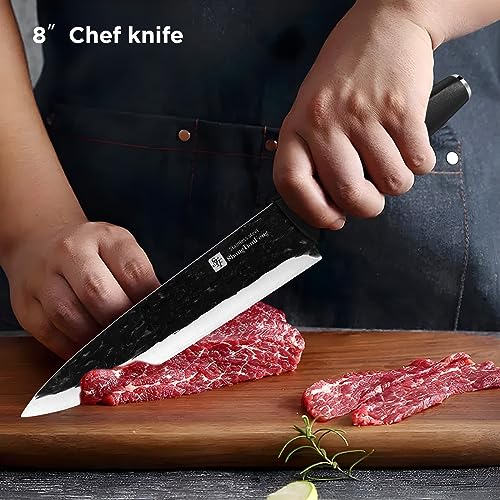 Knife Set, Black Knife Set 7-Piece + Knife Block Sets Universal Round Holder, Stainless-Steel knives Set for Kitchen with Block, Anti Slip kitchen knife set, Lightweight Dishwasher Safe Space Saving - Image 3