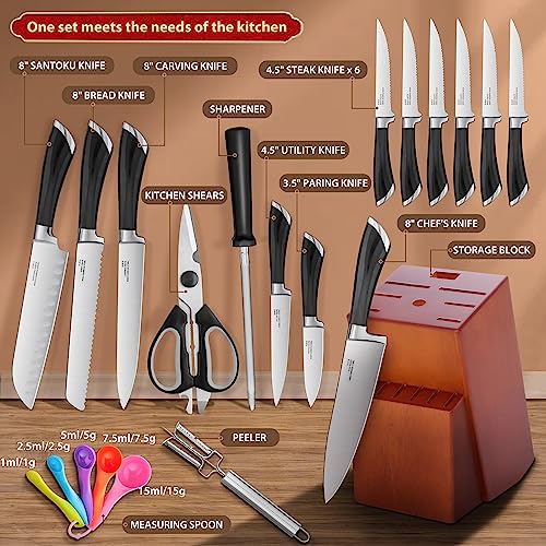 Kitchen Knife Set with Block, HaWare 17 Pieces Stainless Steel Professional Chef Knife Set Include Santoku Bread Carving Utility Paring Chef's Steak Knife and Shears Sharpener Peeler Measuring Spoon - Image 3