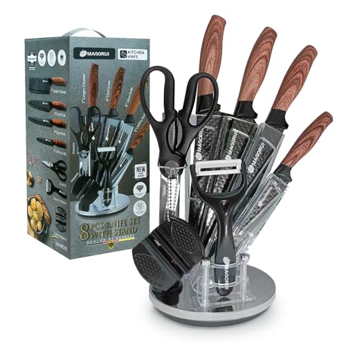 7P Stainless Steel Kitchen Knives Set with 360 Degree Rotating Knife Block, Includes Larger Cleaver, Chef Knife, Slicer Knife, Utility Knife, Scissors, Peeler,All in a Gift Box