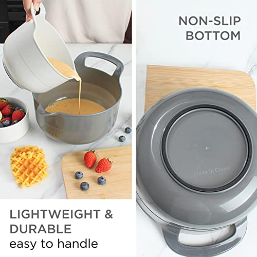 COOK WITH COLOR Mixing Bowls - 4 Piece Nesting Plastic Mixing Bowl Set with Pour Spouts and Handles (Ombre Gray) - Image 3