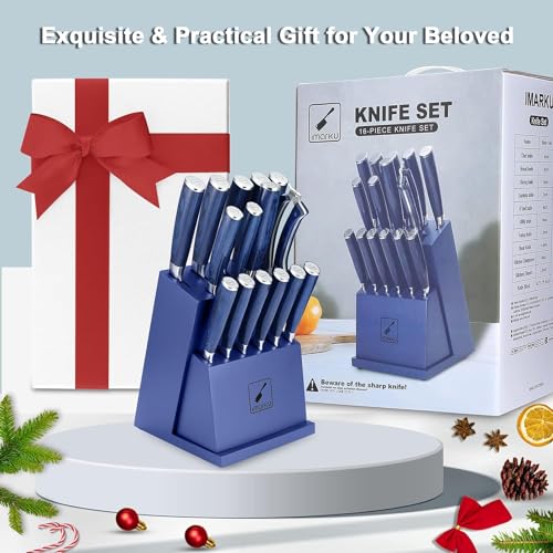 imarku Knife Set with Block, 16-Piece German Stainless Steel Knife Sets for Kitchen with Sharpener & 6 Steak Knife Set, Ultra Sharp Cutlery Gift Sets, Blue - Image 7
