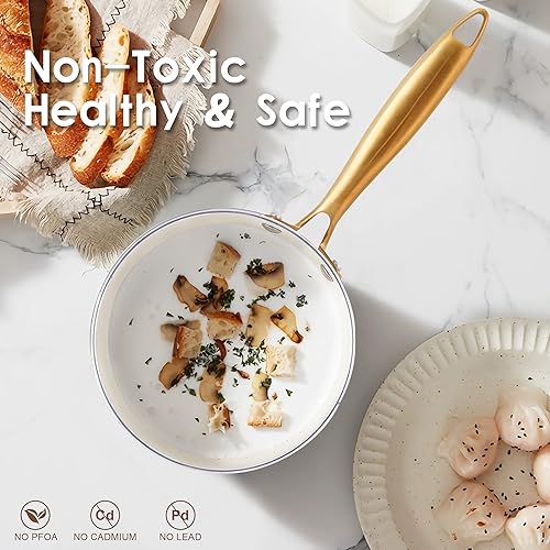 Granite Nonstick Cookware Set - Kitchen Pots and Pans With Dutch Oven, Frying Pan, Saucepan, Sauté Pan, Utensils - Gold Cookware Gifts - Image 6