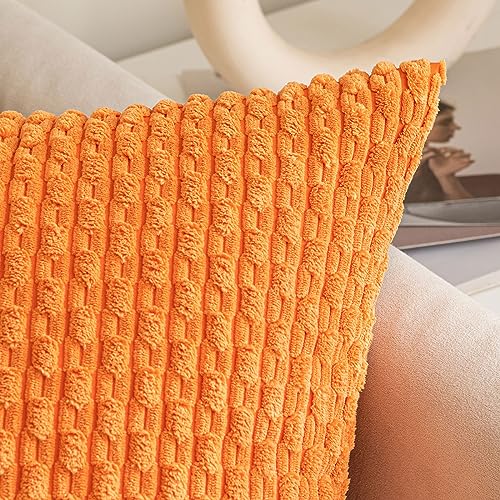 EMEMA Fall Throw Pillow Covers 16x16 Inch Set of 2 Striped Soft Decorative Corduroy Boho Pillowcases Square Cushion Cover Farmhouse Home Decor for Couch Sofa Bed Living Room, Orange - Image 3