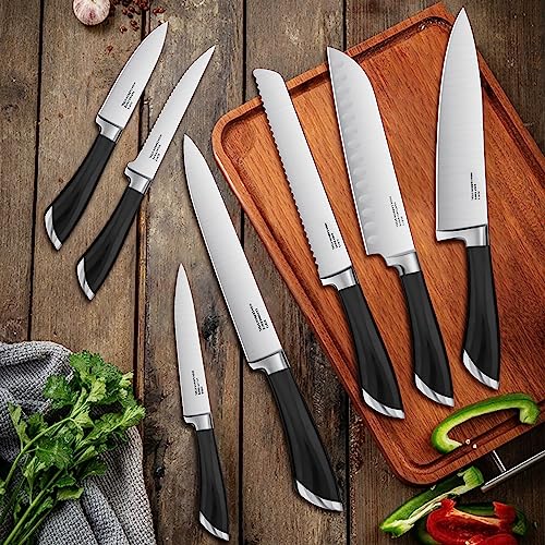 Kitchen Knife Set with Block, HaWare 17 Pieces Stainless Steel Professional Chef Knife Set Include Santoku Bread Carving Utility Paring Chef's Steak Knife and Shears Sharpener Peeler Measuring Spoon - Image 7