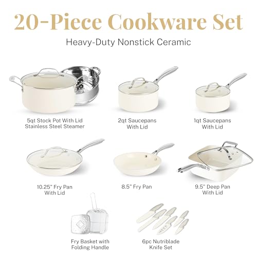 Gotham Steel 20 Pc Pots and Pans Set Non Stick Cookware Set, Pot and Pan Set, Kitchen Cookware Sets, Non Toxic Ceramic Cookware Set, Nonstick Cookware Set, Lightweight, Dishwasher Safe, Cream White - Image 3