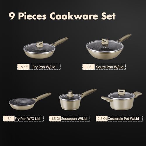 Wodillo Cookware Sets Nonstick, 9 Pcs Pots and Pans Set Detachable Handle, Kitchen Induction Cookware Sets with Removable Handle, Kitchen Cooking Set w/Frying Pans & Saucepans, Dishwasher Safe - Image 3