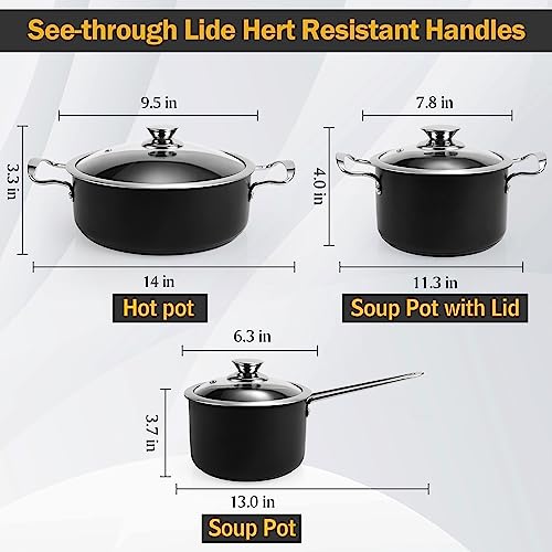 Stainless Steel Cookware Set, Black 6-Piece Pot Set, Kitchen Cookware Sets with Glass Lids, Stay-Cool Handle, Oven Safe, Works with Induction, Electric and Gas Cooktops - Image 4