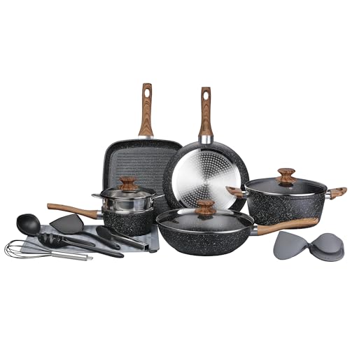 Leetaltree Nonstick Healthy Cookware Sets - 16 Pieces Pots and Pans with Utensils and Steamer, Nonstick Cast Aluminum Kitchen Cookware with Bakelite Handles, Non Toxic, PFOS/PFOA Free