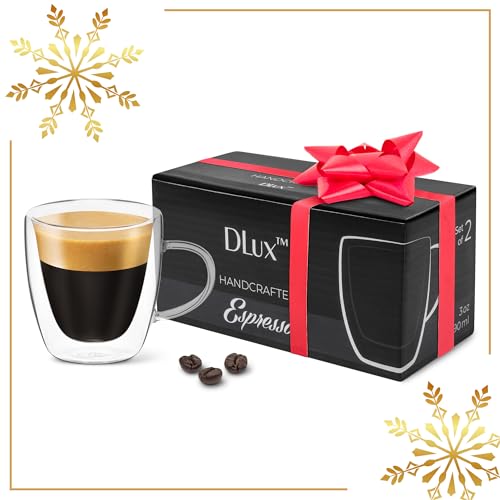 DLux Espresso Coffee Cups 3oz, Double Wall, Clear Glass Set of 2 Glasses with Handles, Insulated Borosilicate Glassware Tea Cup - Image 3