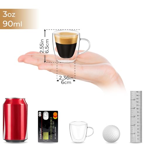 DLux Espresso Coffee Cups 3oz, Double Wall, Clear Glass Set of 2 Glasses with Handles, Insulated Borosilicate Glassware Tea Cup - Image 5