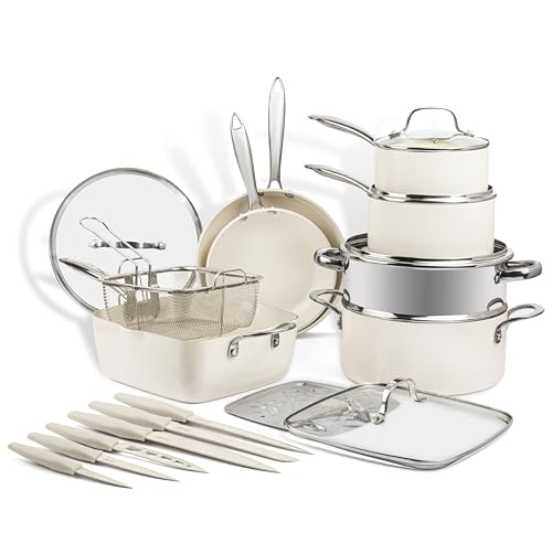 Gotham Steel 20 Pc Pots and Pans Set Non Stick Cookware Set, Pot and Pan Set, Kitchen Cookware Sets, Non Toxic Ceramic Cookware Set, Nonstick Cookware Set, Lightweight, Dishwasher Safe, Cream White