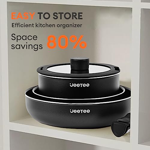 JEETEE Nonstick Pots and Pans Set with Removable/Detackable Handle RV Pots Induction Cookware Stackable Cookware Set for Camping, PFOA Free, Dishwasher/Oven Safe (Black, 10pcs Cookware Set) - Image 5