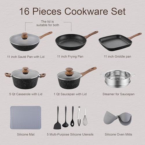 Leetaltree Nonstick Healthy Cookware Sets - 16 Pieces Pots and Pans with Utensils and Steamer, Nonstick Cast Aluminum Kitchen Cookware with Bakelite Handles, Non Toxic, PFOS/PFOA Free - Image 3