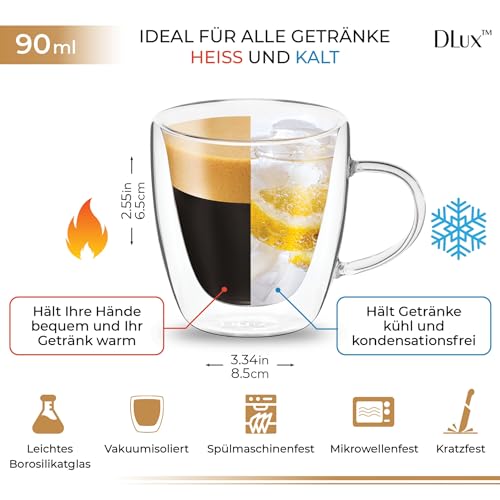 DLux Espresso Coffee Cups 3oz, Double Wall, Clear Glass Set of 2 Glasses with Handles, Insulated Borosilicate Glassware Tea Cup - Image 4