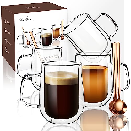 Comfome Clear Coffee Mug 16 OZ, Double Borosilicate Glass Coffee Cups Set of 4 with Spoons,Insulated Glass Coffee Mug for Hot Beverages