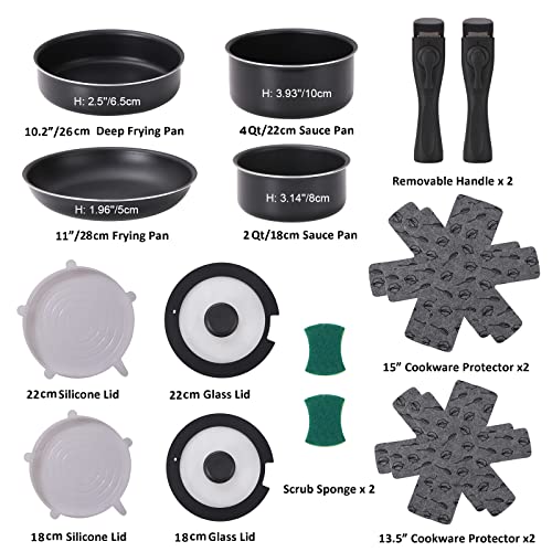 Xeeyaya 16 Pieces Kitchen Removable Handle Cookware Sets, Stackable Pots and Pans Set Nonstick for Induction Gas RVs Camping Space Saving - Image 3