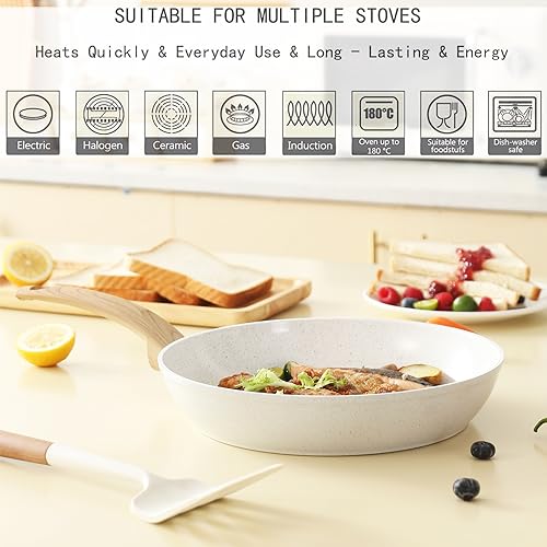 Vkoocy White Pots and Pans Set Non Stick, Ceramic Cookware Set Kitchen Cooking Sets Induction Granite Pot and Pan w/Frying Pans, Saucepans, Casserole, Non-Toxic, PTFE/PFOA/PFOS-Free - Image 5