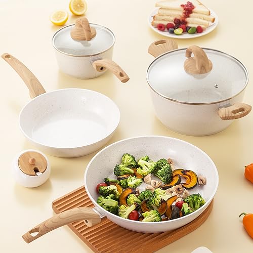 Vkoocy White Pots and Pans Set Non Stick, Ceramic Cookware Set Kitchen Cooking Sets Induction Granite Pot and Pan w/Frying Pans, Saucepans, Casserole, Non-Toxic, PTFE/PFOA/PFOS-Free - Image 3