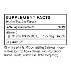 Thorne Vitamin D-5000 - Vitamin D3 Supplement - Support Healthy Bones, Teeth, Muscles, Cardiovascular, and Immune Function - NSF Certified for Sport - Dairy-Free, Soy-Free - 60 Capsules - Image 3
