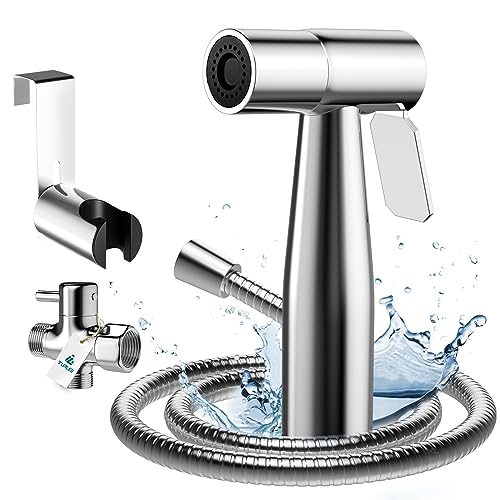 Turlee Handheld Bidet Sprayer for Toilet -Brass T-Valve Adapter. Stainless Steel Jet Sprayer for Toilet Cloth Diaper Sprayer Set. Bidet Attachment with Bidet Hose for Feminine Wash.