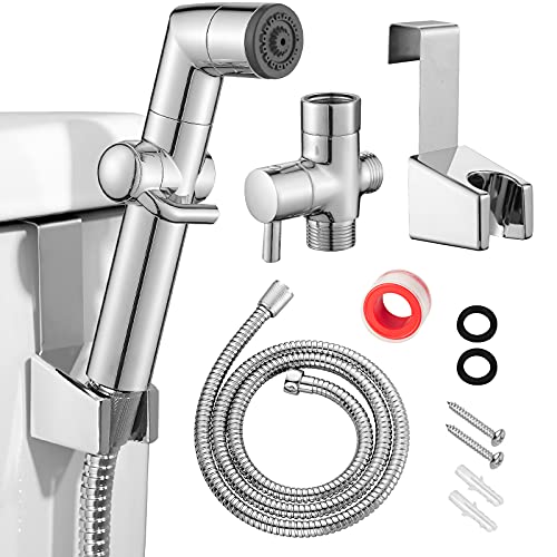 JONKEAN Muslim Shower, Water Pressure Control Toilet Bidet Sprayer, Multi-Function Diaper Sprayer for Toilet, Hand Held Bidet Set Sprayer with Hose, Bracket and T-Valve (Chrome)