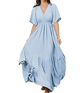 Women Boho Flowy Maxi Wrap Dress V-Neck Tiered Dress High Waisted A Line with Short Sleeve