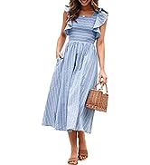 Miessial Women's Striped Linen Long Dress Elegant Ruffle Cap Sleeves Midi Dress