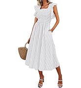 Miessial Women's Striped Linen Long Dress Elegant Ruffle Cap Sleeves Midi Dress