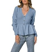 Miessial Women's Lightweight Ribbed Knit V Neck Sweater Fall Long Sleeve Peplum Pullover Sweater ...