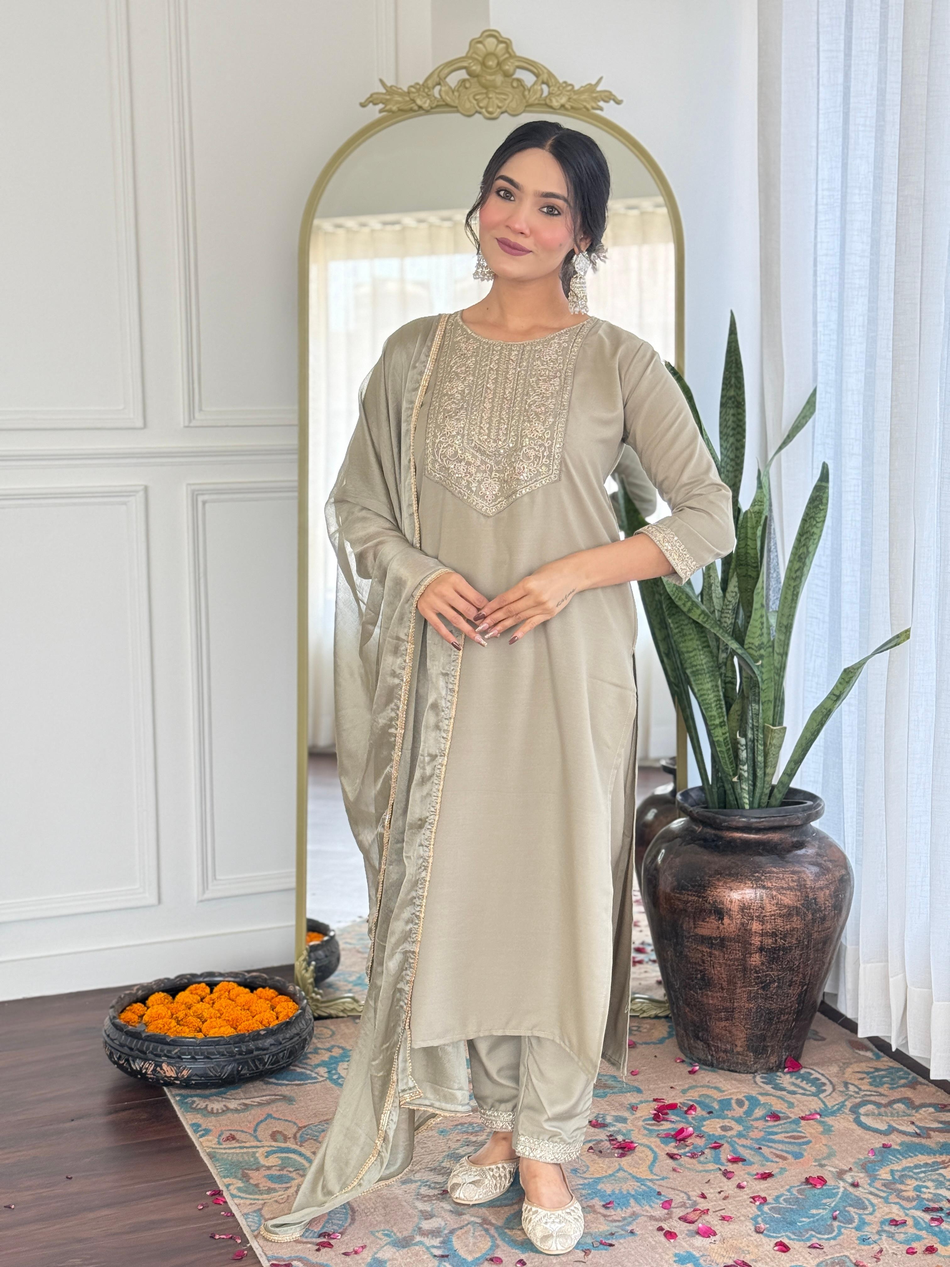 Women's Lakhnavi Handcrafted Chanderi  Silk Semi - Stitched Kurta And Dupatta Set- HONC0273154