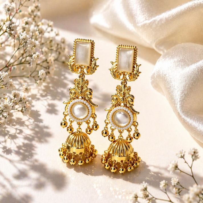 Gold-plated Kashmiri Jhumka earrings with pearl and stone
