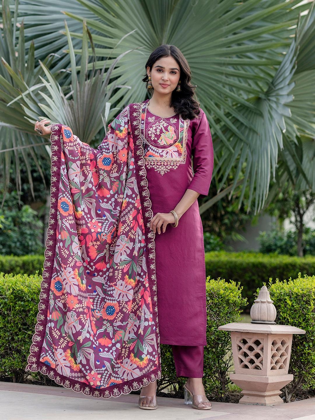 Viscose Chanderi Flared Kurta Pant Set with Maslin Jacquard Dupatta and Hand Embroidery