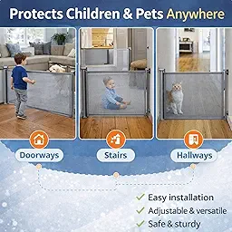 SPY KIDS® Retractable Baby Gate | Easy Drill | Extra Wide 180cm Mesh Safety Gate for Stairs, Doorways & Hallways | Babies & Pets | One-Hand Lock | Indoor & Outdoor | 86cm Height