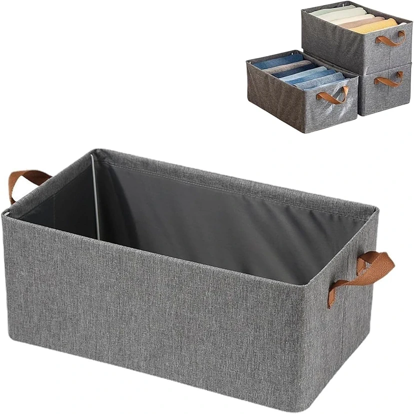 Stackable Wardrobe Organizer Open Storage Boxes With Foldable Steel Frame & Side Handle (Pack of 2) - 18x11x7 Inches, Grey