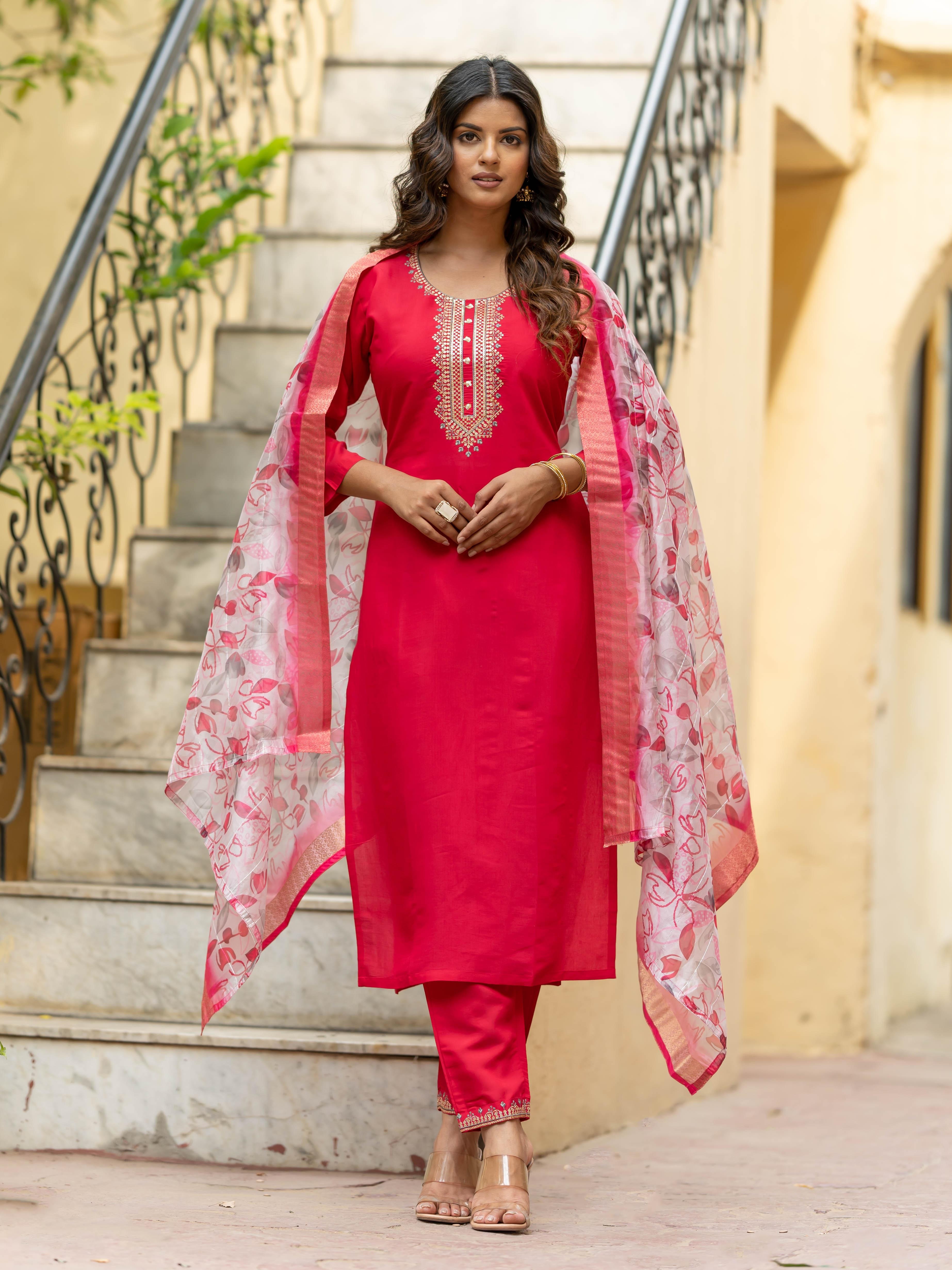 Viscose Chanderi Embroidered Kurta Set with Jacquard Dupatta main image 0