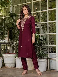 Women's Blue Rayon Slub Embroidery Straight Kurta Pant With Dupatta