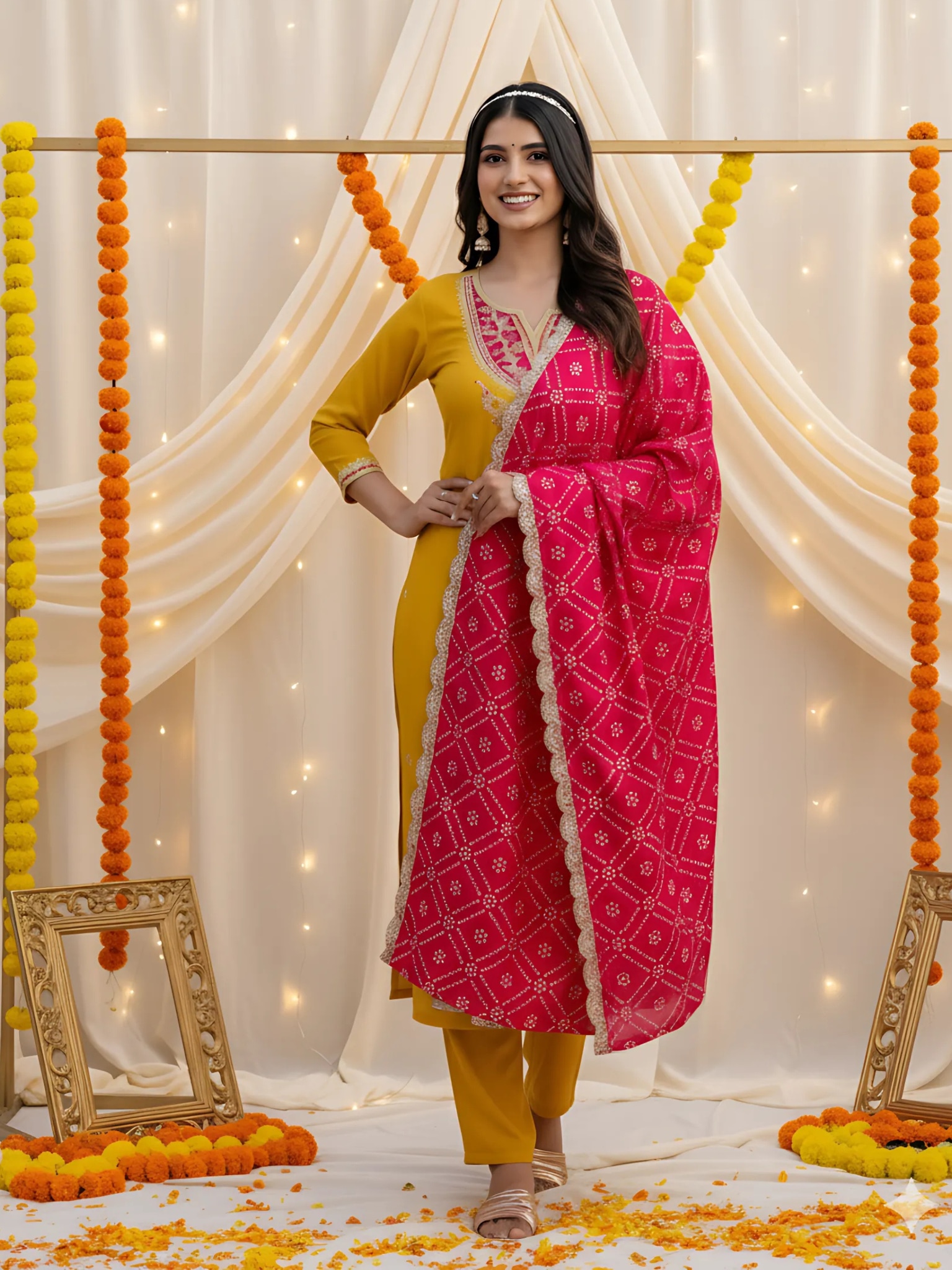 Yellow Dori Emb & Zari & Sequins Viscose Blend Straight Kurta and Flared Skirt Set